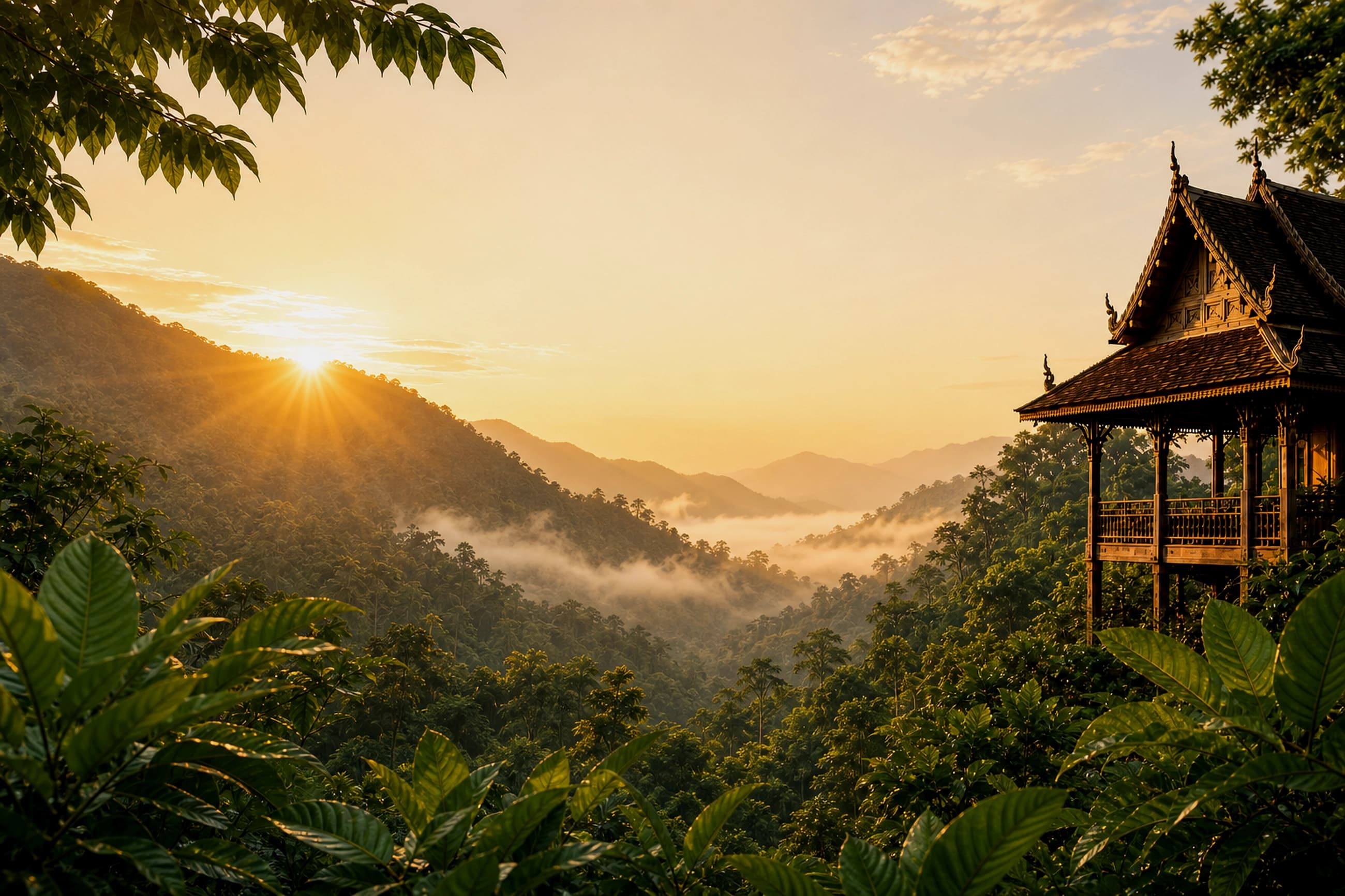 Thai mountain landscape with tropical foliage and traditional pavilion